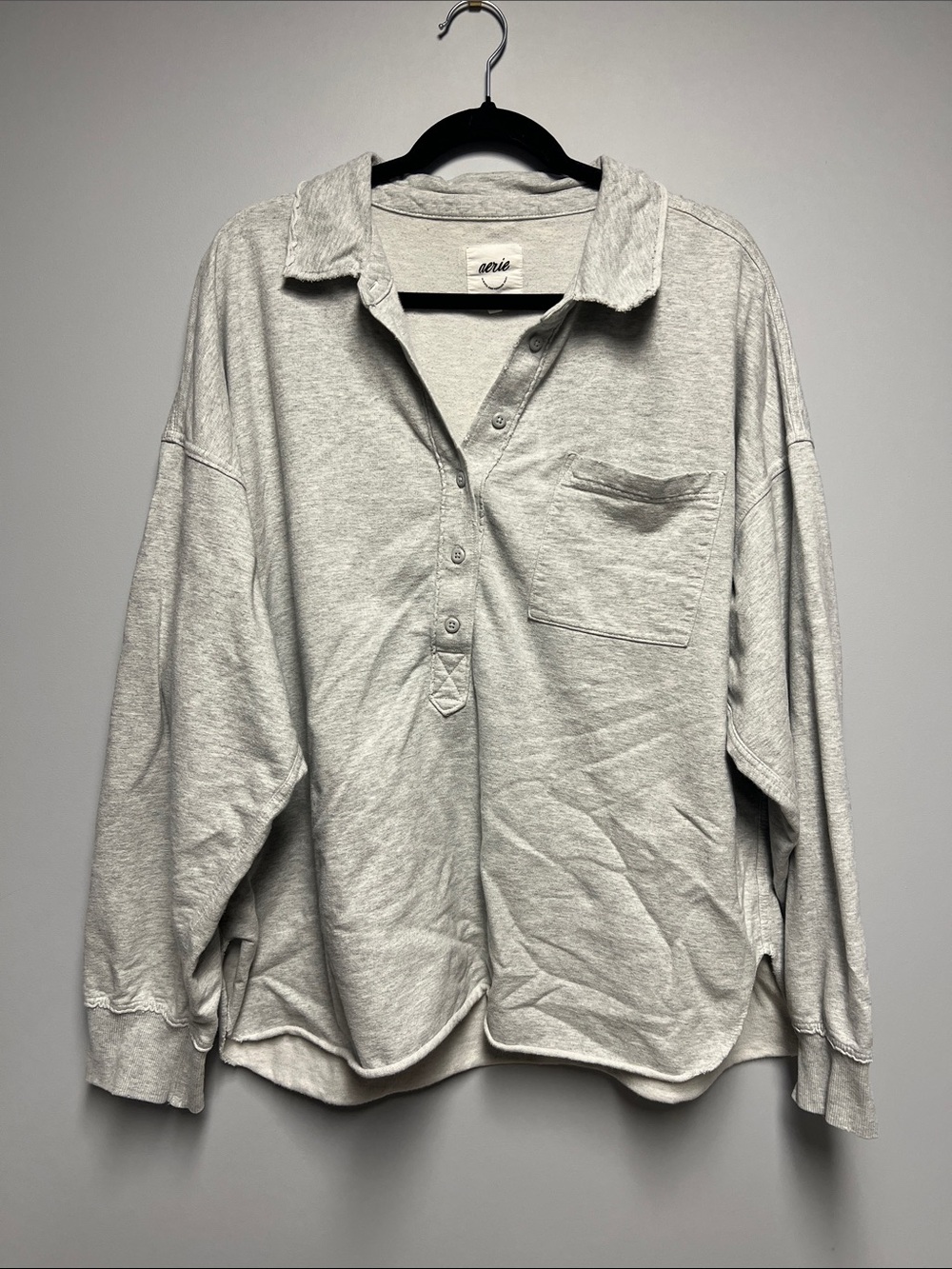 aerie Light Gray Long-Sleeve Polo V-Neck Sweater